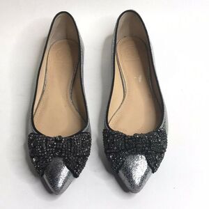 Tory Burch Womens Vanessa Silver Crackle Crystal Bow Slip On Flats Pointy Toe 8M
